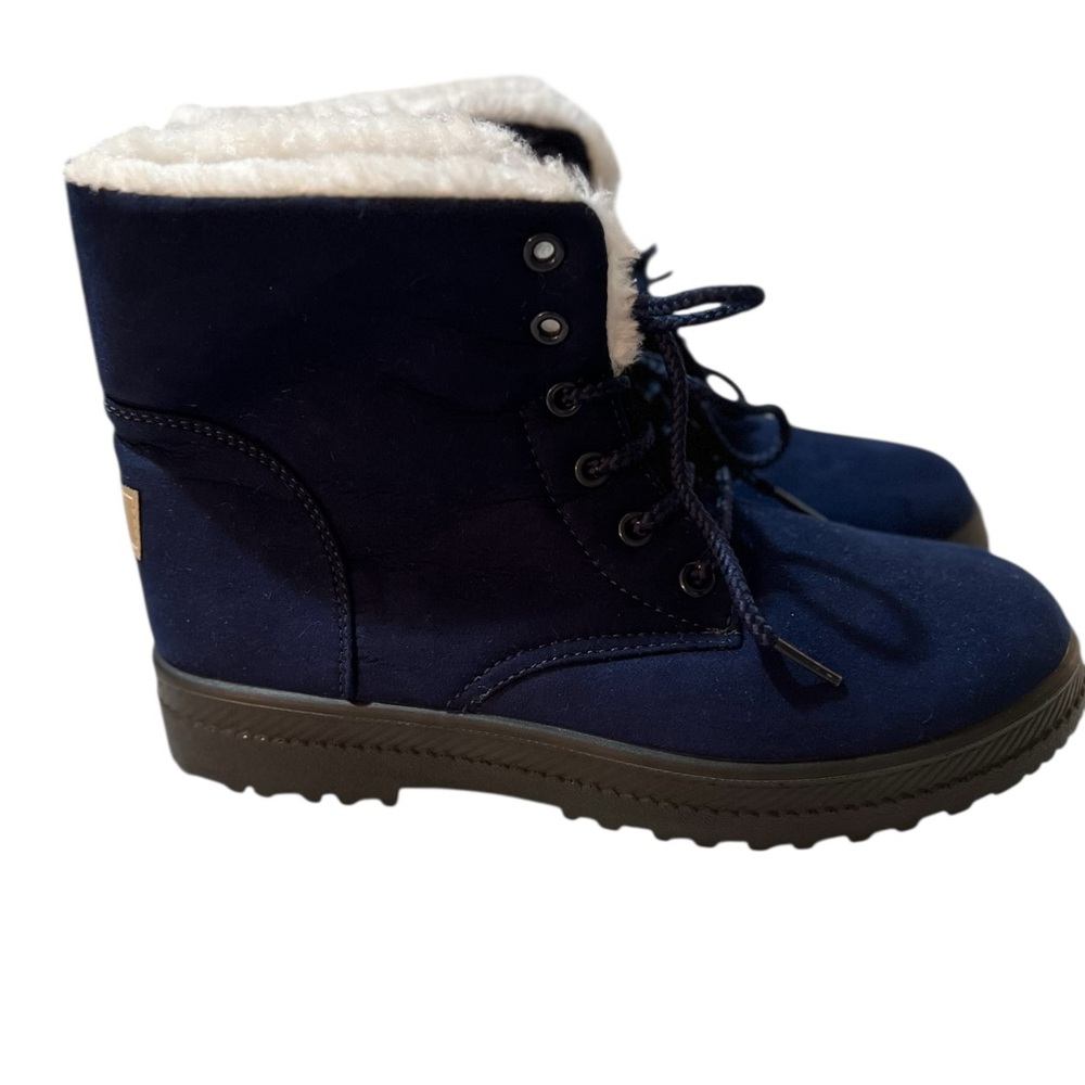 New Navy Blue Lace-Up Boots with Faux Fur Lining